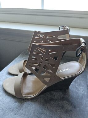 Nine West Leather Taupe Geometric Cutout Wedge Sandals